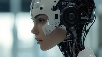 Poster - A cutting-edge robotic head designed with intricate wiring and facial features, highlighting artificial intelligence technology in a modern laboratory setting
