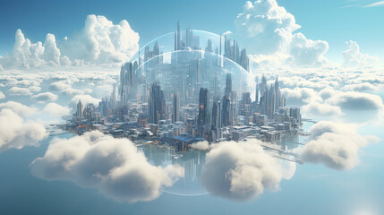Poster - Concept of a digital city with cloud connections. Futuristic network in the clouds.