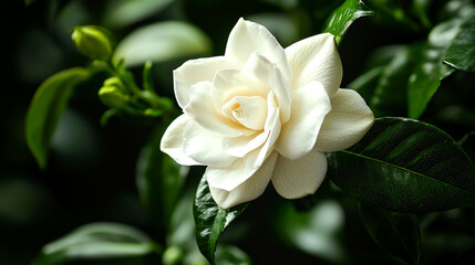 Sticker - A single white gardenia flower with green leaves in the background.