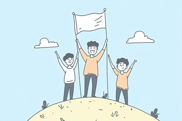 A team celebrates their success at the top of a hill, proudly holding a flag. Their joyful expressions symbolize achievement and collaboration in business endeavors.