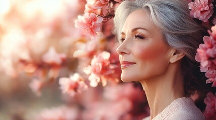 Senior woman enjoying spring blooming garden with pink flowers