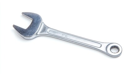 Metal wrench with shiny surface, isolated on a white background.