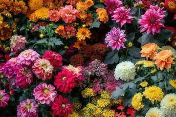 Aufkleber - This garden bursts with color from blooming chrysanthemums, dahlias, and other autumn flowers, creating a stunning display of nature's beauty. Generative AI