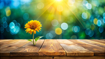 Wall Mural - table and flowers on wooden background