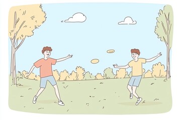 Two friends happily playing ultimate frisbee in a sunny park. The scene captures the joy of outdoor activities and friendship in a vibrant, hand-drawn style.