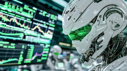 Poster - AI assistant robot with holographic screen that displays trading market graphs, financial and economic statistics