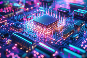 Poster - This depiction showcases quantum computing elements glowing and interacting on a microchip with vibrant colors