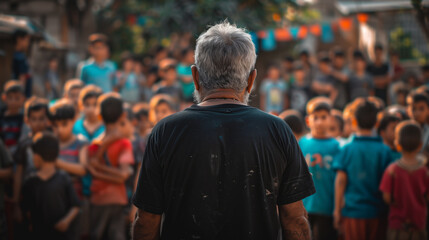 Back view of an old man wearing a black t-shirt standing in front of many children and men at a refugee camp