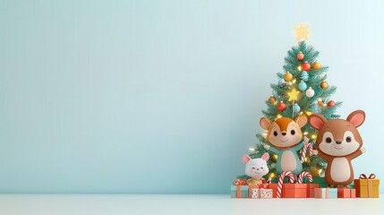 Wall Mural - Cute woodland animals decorating a Christmas tree with fairy lights and candy canes, whimsical magic, 3D cartoon illustration