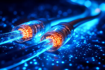 Poster - Glowing blue fiber optic cables demonstrate advanced technology, emphasizing connectivity in a digital landscape