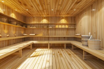 Aufkleber - The inviting interior of a wooden sauna showcases warm timber elements, simple benches, and spa accessories perfect for relaxation. Generative AI