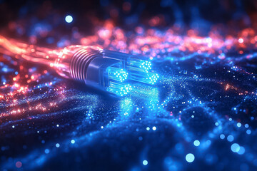 Poster - Fiber optic cables emit a captivating blue glow, illustrating the elegance of modern technology in a dark environment