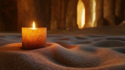 Canvas Print - A glowing candle nestled in a sandy area inside a temple, representing Candlemas, with a soft, spiritual light.