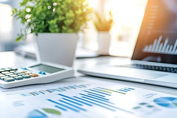 Poster - There are many graphs on the laptop display as well as the business intelligence and analysis reports.