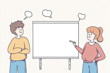 Two characters engage in a friendly conversation while collaborating on a hand-drawn whiteboard. This illustration captures the essence of teamwork and creativity in a professional setting.