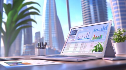 Poster - Workspace of a modern businessman analyzing financial charts on a computer