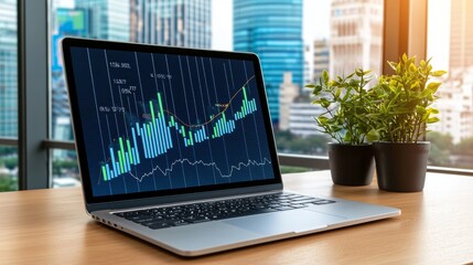 Poster - This modern office setup features a businessman analyzing financial charts on a computer