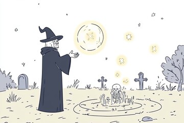 A whimsical dark wizard casts a glowing spell in a moonlit graveyard, surrounded by tombstones and a curious skeleton. Perfect for fantasy themes.