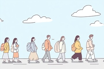 A diverse group of people walking together on a pilgrimage journey, surrounded by a clear sky and fluffy clouds, showcasing community and spirituality.