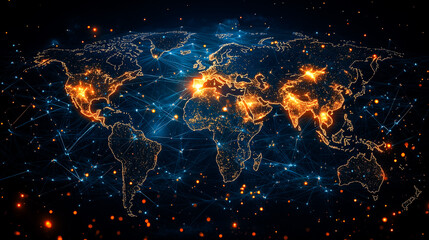 Poster - An interconnected network of AI nodes illuminates continents, showcasing global data flow and connectivity