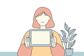 A hand-drawn illustration of a person holding a tablet, ready for streaming a show. This modern design features a minimalist style with a plant, creating a relaxed atmosphere.