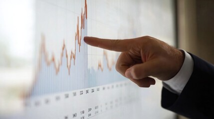 Poster - Businessperson pointing at rising financial graph on white background