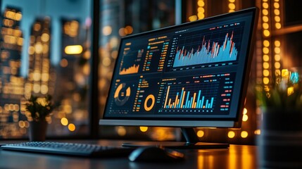 Poster - A modern computer monitor displaying data analytics and graphs in a city skyline setting, showcasing digital innovation and technology trends.