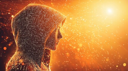 Poster - A digital silhouette of a person wearing a hood, against a vibrant orange background filled with abstract light particles and technology motifs.