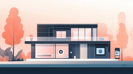 Poster - Futuristic illustration of a smart home controlled via a mobile app, representing IoT home automation