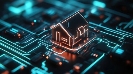 Poster - Futuristic smart home icon with glowing circuit lines, highlighting IoT technology for home automation