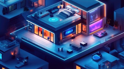 Poster - Futuristic illustration of a smart home controlled via a mobile app, representing IoT home automation