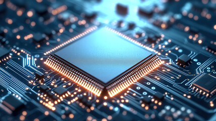 Close-up of a glowing microchip on a circuit board, with a chip in the middle