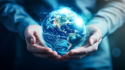 Poster - A pair of hands cradles a luminous holographic Earth, symbolizing our interconnected world and advanced technology