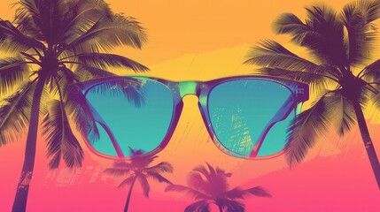 Poster - Colorful sunglasses cast a striking silhouette against a vibrant beach sunset, surrounded by swaying palm trees and warm tropical hues. Generative AI