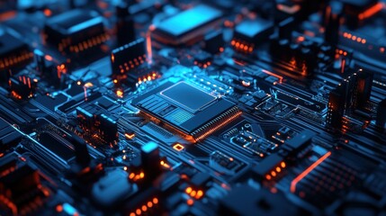 Poster - This close-up view showcases intricate electronic circuits used in modern waste collection technologies, highlighting various components glowing in blue and orange hues, symbolizing innovation