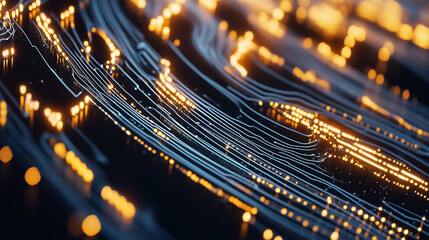 Poster - Illuminated data streams twist through a dark digital landscape, showcasing a vibrant interplay of light and lines