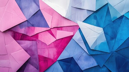 Poster - Colorful abstract composition of pink, blue, and purple paper sheets arranged in geometric shapes