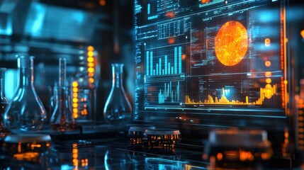 Poster - A high-tech laboratory is depicted with glowing data visualizations on a screen, alongside various glassware, symbolizing cutting-edge scientific research and innovation