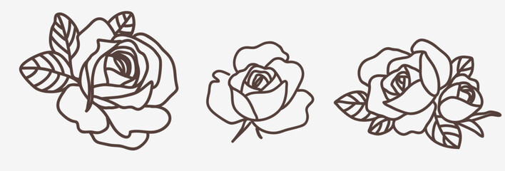Aufkleber - Set of decorative line art rose buds isolated on white. Vintage flowers. Vector stock illustration