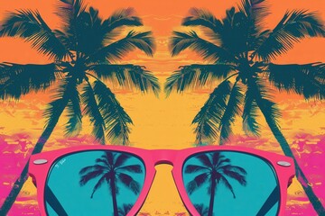 Aufkleber - Sunglasses capture a stunning sunset on the beach, with palm trees standing tall against a bright and colorful backdrop. Generative AI