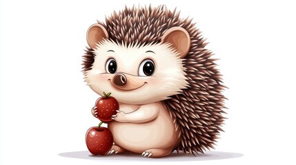 Wall Mural - Cute Cartoon Hedgehog Holding Red Apples Illustration