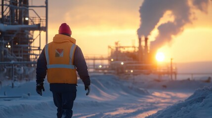 Back view of an engineer walking toward snowy machinery at an industrial site, with the winter sun softly glowing in the distance