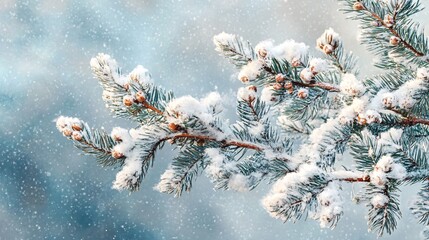 A close-up of a snow-covered pine branch, glistening in soft light, surrounded by falling snow, creating a serene winter atmosphere.