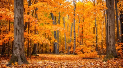 Aufkleber - A tranquil forest path invites visitors with trees adorned in bright, golden autumn leaves under a clear sky on a beautiful day. Generative AI