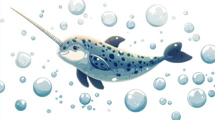 Wall Mural - Cartoon Narwhal Swimming with Bubbles Cute Marine Animal Illustration