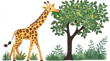 Wall Mural - Cute Cartoon Giraffe Eating Leaves from a Tree with White Background