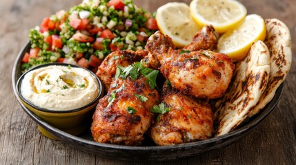 A vibrant plate of grilled chicken, tabbouleh salad, hummus, fresh lemons, and pita bread, perfect for Mediterranean meal lovers.