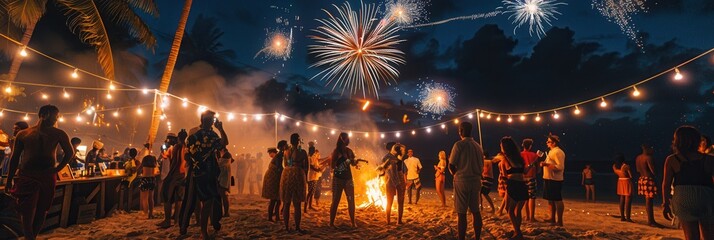Poster - People gather at a vibrant beach party, dancing around a bonfire as fireworks burst above in a dazzling display. Generative AI