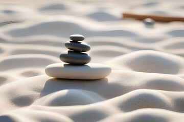 Zen garden with the stones and white sand pattern minimal scene Stack of Balanced Pebbles, zen pebbles, relax, massage, meditation, studio photography