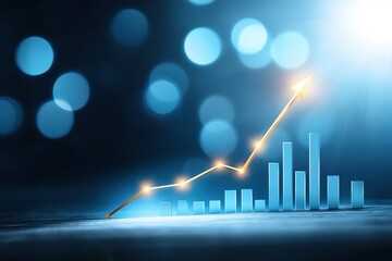 Dynamic graph showcasing growth with a blue bokeh background, emphasizing financial success and data analysis.